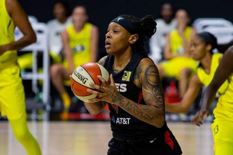 Oct 2, 2020; Bradenton, Florida, USA; Las Vegas Aces forward Emma Cannon (32) during game 1 of the WNBA finals against the Seattle Storm at IMG Academy. Mandatory Credit: Mary Holt-USA TODAY Sports