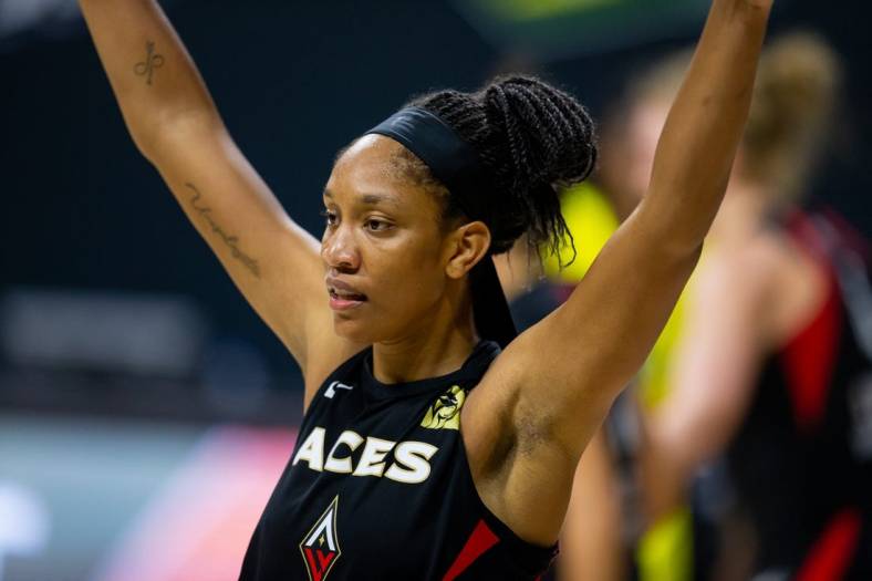 Oct 2, 2020; Bradenton, Florida, USA; Las Vegas Aces center A'ja Wilson (22) plays defense during game 1 of the WNBA finals against the Seattle Storm at IMG Academy. Mandatory Credit: Mary Holt-USA TODAY Sports