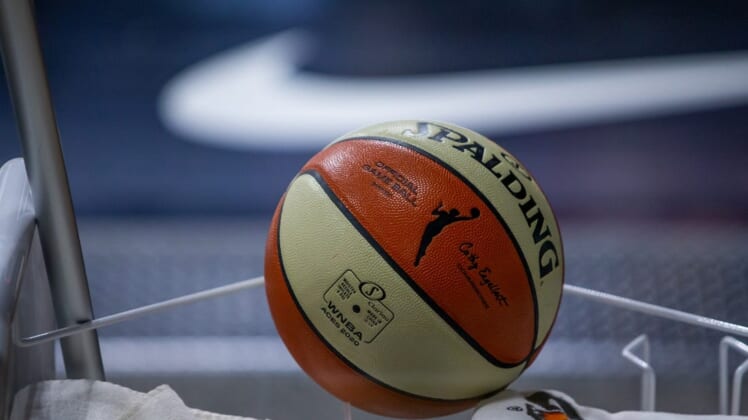 Oct 2, 2020; Bradenton, Florida, USA; A game ball waits on a sanitation cart during game 1 of the WNBA finals between the Las Vegas Aces and the Seattle Storm at IMG Academy. Mandatory Credit: Mary Holt-USA TODAY Sports