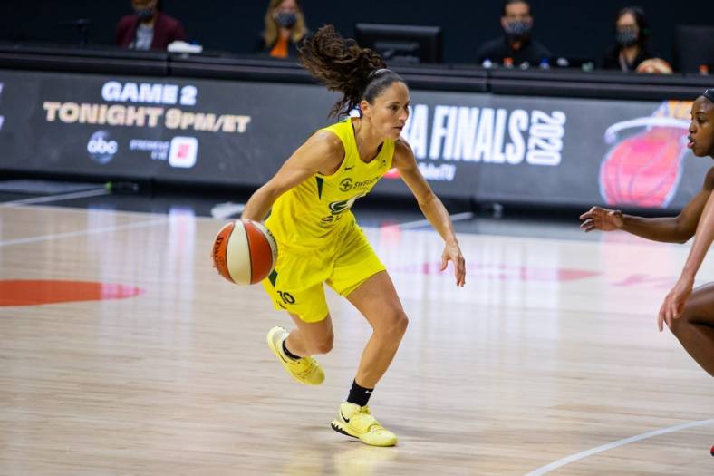 Oct 2, 2020; Bradenton, Florida, USA; Seattle Storm guard Sue Bird (10) drives during game 1 of the WNBA finals against the Las Vegas Aces at IMG Academy. Mandatory Credit: Mary Holt-USA TODAY Sports