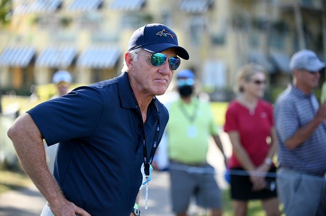 Dec 13, 2020; Naples, FL, USA; Greg Norman watches play on the 18th green during the QBE Shootout at the Tibur n Golf Club. Mandatory credit: Chris Tilley/Naples Daily News via USA TODAY Network