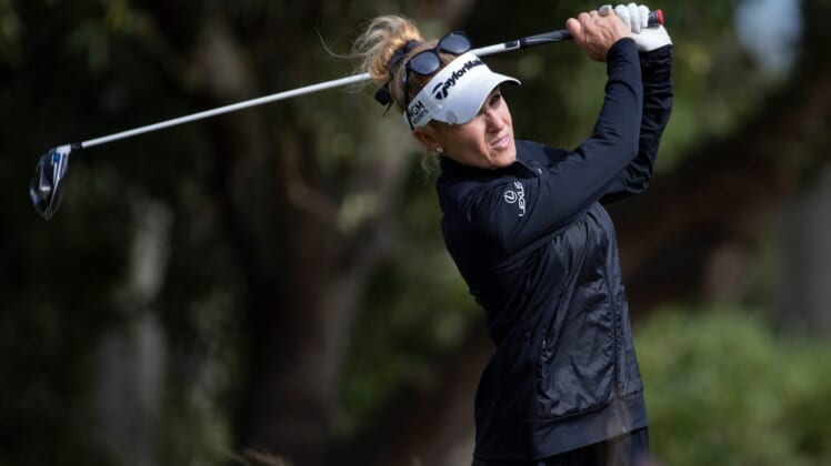 Natalie Gulbis tees off at the eighteen during the CME Group Tour Championship pro-am, Wednesday, Dec, 16, 2020, at the Tiburon Golf Club in North Naples, Florida.Cme Group Tour Championship Pro Am