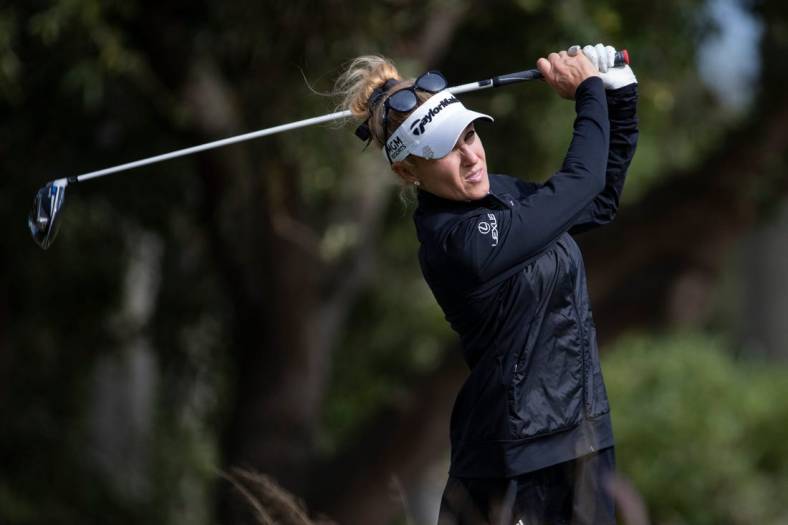 Natalie Gulbis tees off at the eighteen during the CME Group Tour Championship pro-am, Wednesday, Dec, 16, 2020, at the Tiburon Golf Club in North Naples, Florida.

Cme Group Tour Championship Pro Am