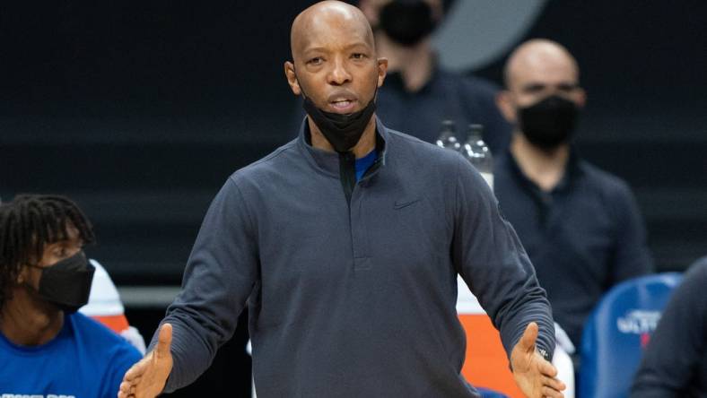 February 9, 2021; Sacramento, California, USA; Philadelphia 76ers assistant coach Sam Cassell during the third quarter against the Sacramento Kings at Golden 1 Center. Mandatory Credit: Kyle Terada-USA TODAY Sports