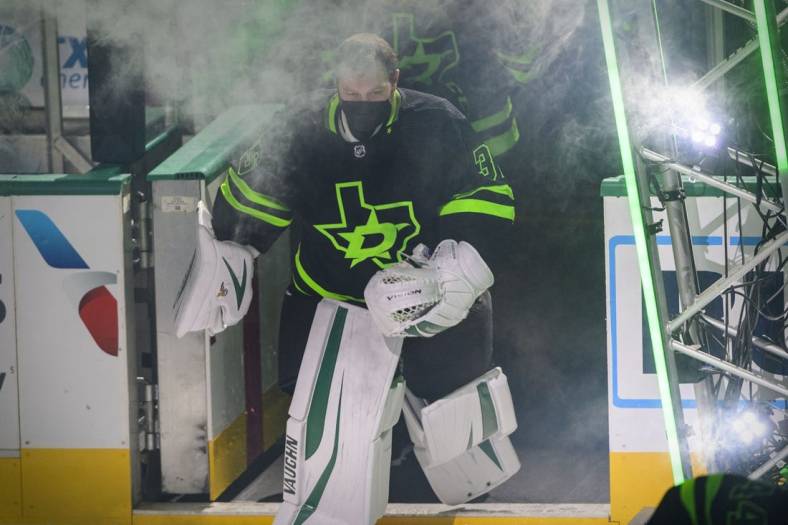 Mar 6, 2021; Dallas, Texas, USA; Dallas Stars goaltender Ben Bishop (30) takes the ice before the game between the Dallas Stars and the Columbus Blue Jackets at the American Airlines Center. Mandatory Credit: Jerome Miron-USA TODAY Sports