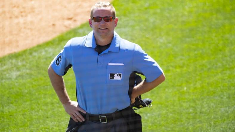 Mar 6, 2021; Glendale, Arizona, USA; MLB umpire Mike Muchlinski during the San Diego Padres game against the Los Angeles Dodgers during Spring Training at Camelback Ranch Glendale. Mandatory Credit: Mark J. Rebilas-USA TODAY Sports