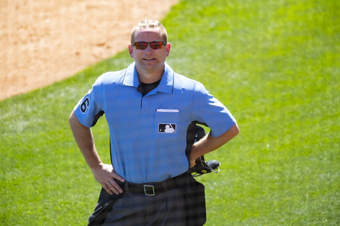 Mar 6, 2021; Glendale, Arizona, USA; MLB umpire Mike Muchlinski during the San Diego Padres game against the Los Angeles Dodgers during Spring Training at Camelback Ranch Glendale. Mandatory Credit: Mark J. Rebilas-USA TODAY Sports