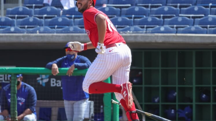 Mar 20, 2021; Clearwater, Florida, USA; Philadelphia Phillies Darick Hall (88) hit a fly ball for an out during the sixth inning against the Toronto Blue Jays at BayCare Ballpark. Mandatory Credit: Mike Watters-USA TODAY Sports