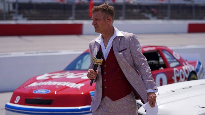 May 9, 2021; Darlington, South Carolina, USA; Fox Sports analyst and former NASCAR driver Clint Bowyer on pit road prior to the Goodyear 400 at Darlington Raceway. Mandatory Credit: Jasen Vinlove-USA TODAY Sports