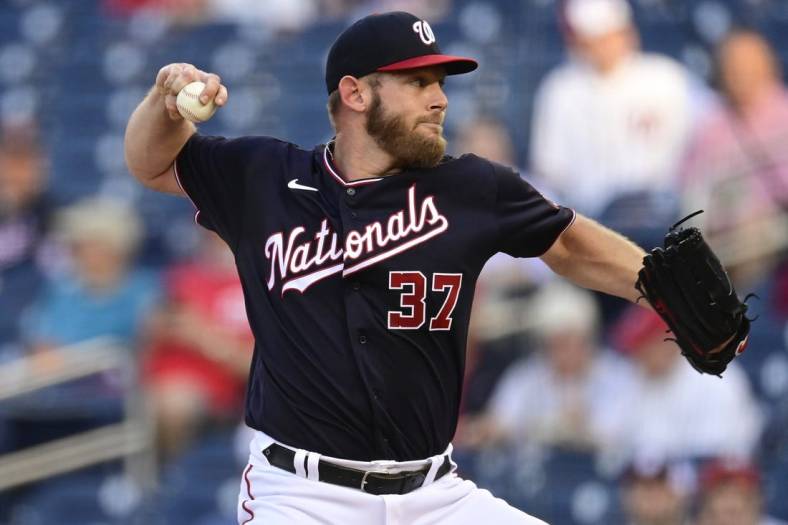 May 21, 2021; Washington, District of Columbia, USA;  Washington Nationals starting pitcher Stephen Strasburg (37) delivers a pitch during the first inning against the Baltimore Orioles at Nationals Park. Mandatory Credit: Tommy Gilligan-USA TODAY Sports