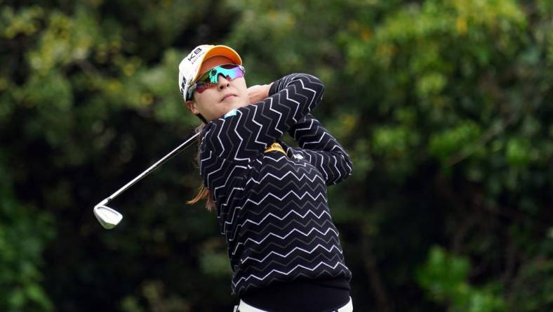 Jun 4, 2021; San Francisco, California, USA; In Gee Chun  plays her shot from the 15th tee during the second round of the U.S. Women's Open golf tournament at The Olympic Club. Mandatory Credit: Kyle Terada-USA TODAY Sports