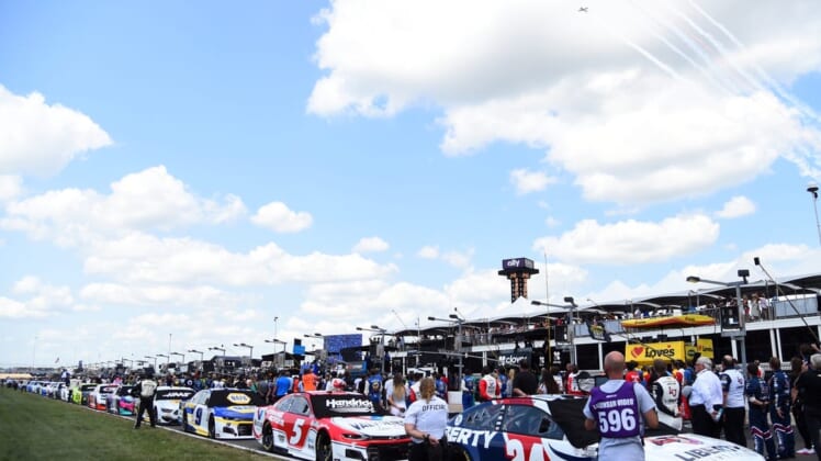 Jun 20, 2021; Nashville, Tennessee, USA; View of a flyover at the end of the national anthem before the Ally 400 at Nashville Superspeedway. Mandatory Credit: Christopher Hanewinckel-USA TODAY Sports
