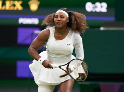Jun 29, 2021; London, United Kingdom;  Serena Williams (USA) reacts while playing Aliaksandra Sasnovich (BLR) in first round ladies singles on centre court at All England Lawn Tennis and Croquet Club. 
 Mandatory Credit: Peter Van den Berg-USA TODAY Sports