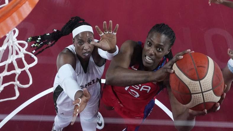 Jul 27, 2021; Saitama, Japan; USA player Sylvia Fowles (13) shoots against Nigeria during the Tokyo 2020 Olympic Summer Games at Saitama Super Arena. Mandatory Credit: Kyle Terada-USA TODAY Sports