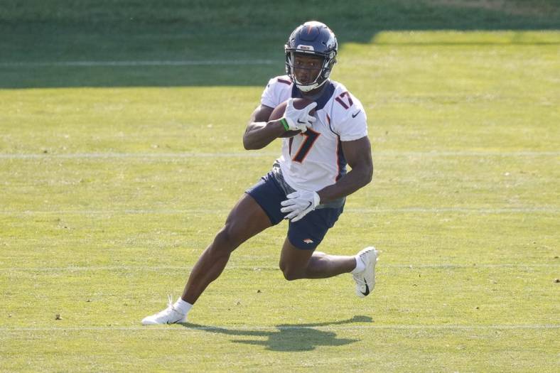 Jul 29, 2021; Englewood, CO, United States; Denver Broncos wide receiver DaeSean Hamilton (17) during training camp at UCHealth Training Center. Mandatory Credit: Isaiah J. Downing-USA TODAY Sports