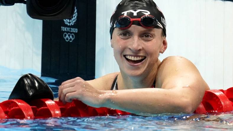 Jul 31, 2021; Tokyo, Japan; Katie Ledecky (USA) reacts after winning the women's 800m freestyle final during the Tokyo 2020 Olympic Summer Games at Tokyo Aquatics Centre. Mandatory Credit: Grace Hollars-USA TODAY Sports