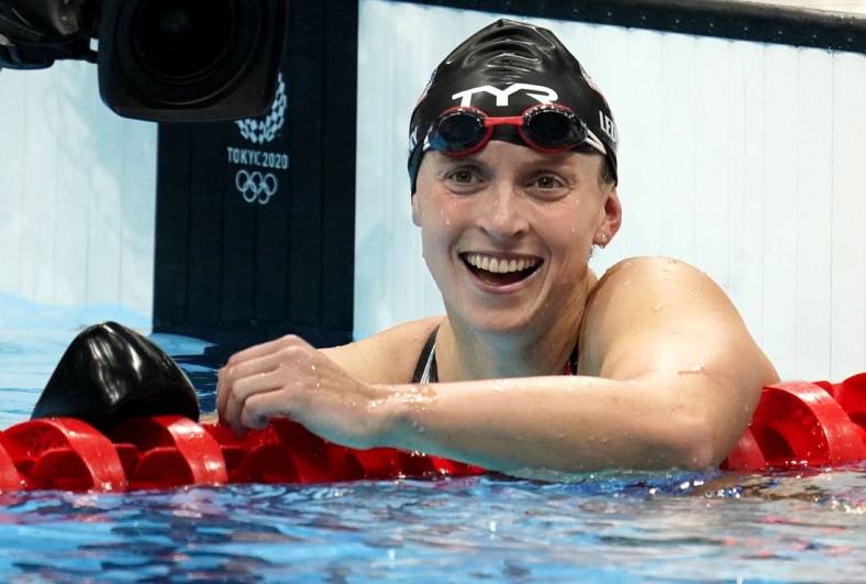 Jul 31, 2021; Tokyo, Japan; Katie Ledecky (USA) reacts after winning the women's 800m freestyle final during the Tokyo 2020 Olympic Summer Games at Tokyo Aquatics Centre. Mandatory Credit: Grace Hollars-USA TODAY Sports