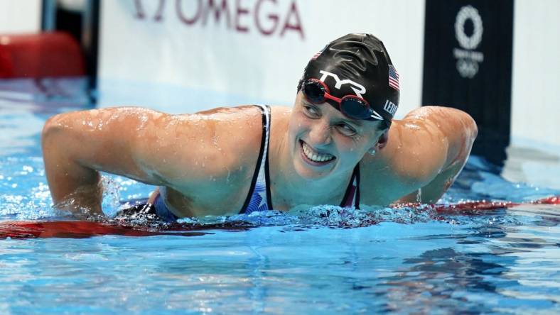 Jul 31, 2021; Tokyo, Japan; Katie Ledecky (USA) reacts after winning the women's 800m freestyle final during the Tokyo 2020 Olympic Summer Games at Tokyo Aquatics Centre. Mandatory Credit: Grace Hollars-USA TODAY Sports