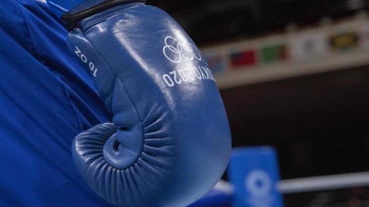 Aug 1, 2021; Tokyo, Japan; Detail of the glove of Duke Ragan (USA) in the men's feather (52-57kg) boxing during the Tokyo 2020 Olympic Summer Games at Kokugikan Arena. Mandatory Credit: Andrew P. Scott-USA TODAY Sports
