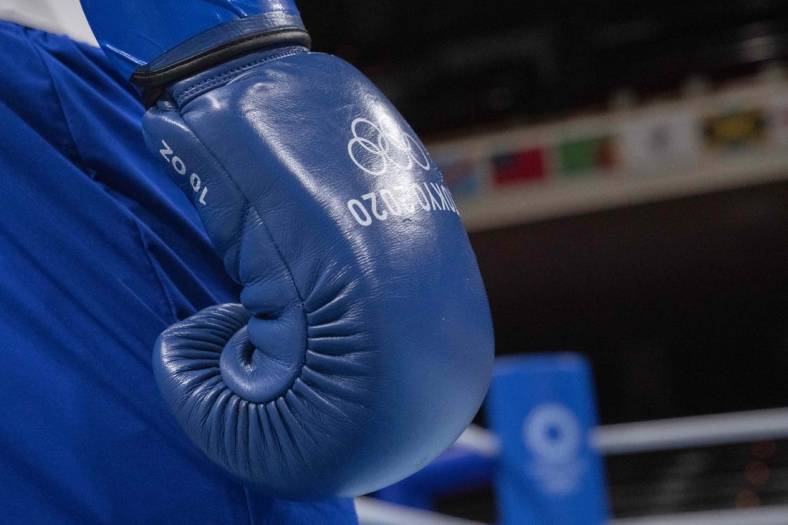 Aug 1, 2021; Tokyo, Japan; Detail of the glove of Duke Ragan (USA) in the men's feather (52-57kg) boxing during the Tokyo 2020 Olympic Summer Games at Kokugikan Arena. Mandatory Credit: Andrew P. Scott-USA TODAY Sports