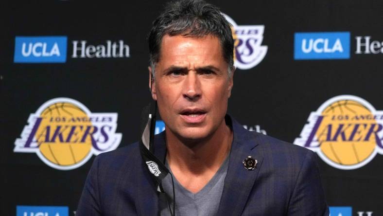 Aug 10, 2021; Los Angeles, California, USA; Los Angeles Lakers general manager Rob Pelinka at press conference at Staples Center. Mandatory Credit: Kirby Lee-USA TODAY Sports