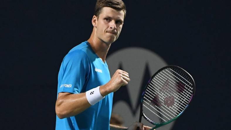 Aug 12, 2021; Toronto, Ontario, Canada;  Hubert Hurkacz of Poland reacts after winning a game against Nikoloz Basilashvili of Georgia during fourth round play in the National Bank Open at Aviva Centre. Mandatory Credit: Dan Hamilton-USA TODAY Sports