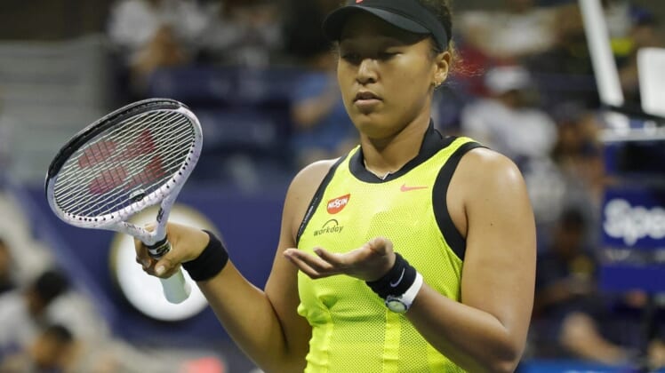 Sep 3, 2021; Flushing, NY, USA; Naomi Osaka of Japan gestures after missing a shot against Leylah Annie Fernandez of Canada (not pictured) on day five of the 2021 U.S. Open tennis tournament at USTA Billie Jean King National Tennis Center. Mandatory Credit: Geoff Burke-USA TODAY Sports