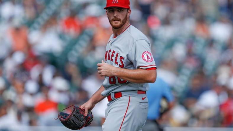 Aug 19, 2021; Detroit, Michigan, USA; Los Angeles Angels relief pitcher Andrew Wantz (60) walks to the dugout during the sixth inning against the Detroit Tigers at Comerica Park. Mandatory Credit: Raj Mehta-USA TODAY Sports