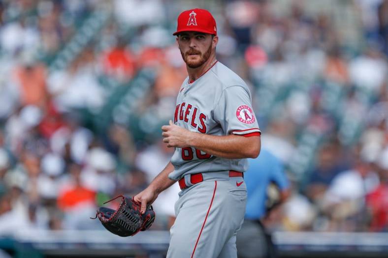 Aug 19, 2021; Detroit, Michigan, USA; Los Angeles Angels relief pitcher Andrew Wantz (60) walks to the dugout during the sixth inning against the Detroit Tigers at Comerica Park. Mandatory Credit: Raj Mehta-USA TODAY Sports