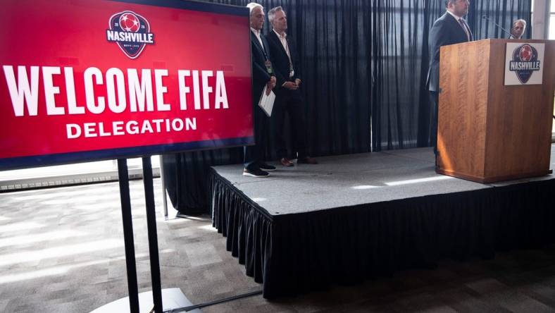 CONCACAF President and FIFA Vice President Victor Montagliani takes questions form the media during a press conference at Nissan Stadium Thursday, Sept. 16, 2021 in Nashville, Tenn. A 24-member visiting delegation from FIFA and CONCACAF spent the day in Nashville touring Nissan Stadium and viewing potential Fan Fest sites downtown as the city tries to become a host site for the FIFA World Cup in 2026.

Nas Fifa World Cup Visit 005