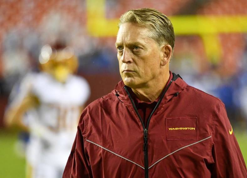 Sep 16, 2021; Landover, Maryland, USA; Washington Football Team defensive coordinator Jack Del Rio looks on before a game against the New York Giants at FedExField.  Mandatory Credit: Brad Mills-USA TODAY Sports