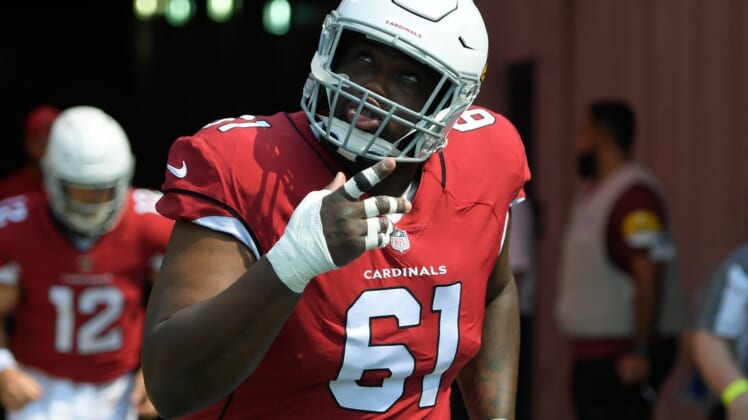 Sep 12, 2021; Nashville, Tennessee, USA;  Arizona Cardinals center Rodney Hudson (61) takes the field during the first half against the Tennessee Titans at Nissan Stadium. Mandatory Credit: Steve Roberts-USA TODAY Sports