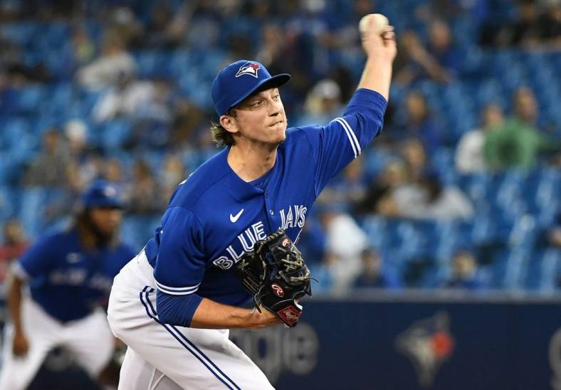 Sep 17, 2021; Toronto, Ontario, CAN; Toronto Blue Jays relief pitcher Ryan Borucki (56) throws a pitch against Minnesota Twins in the eighth inning at Rogers Centre. Mandatory Credit: Dan Hamilton-USA TODAY Sports