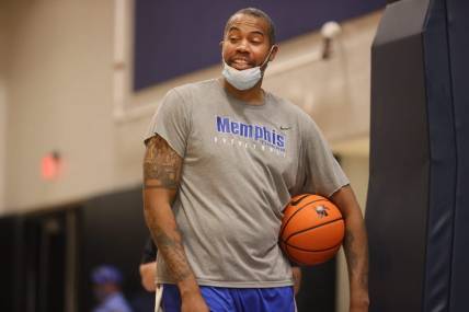 Memphis Tigers Assistant Coach Rasheed Wallace talks to his team during their first official practice, which they held in front of fans from the Rebounders Club at the Laurie-Walton Family Basketball Center on Tuesday, Sept. 28, 2021.

Jrca2565