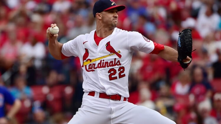 Oct 3, 2021; St. Louis, Missouri, USA;  St. Louis Cardinals pitcher Jack Flaherty (22) pitches during the sixth inning against the Chicago Cubs at Busch Stadium. Mandatory Credit: Jeff Curry-USA TODAY Sports