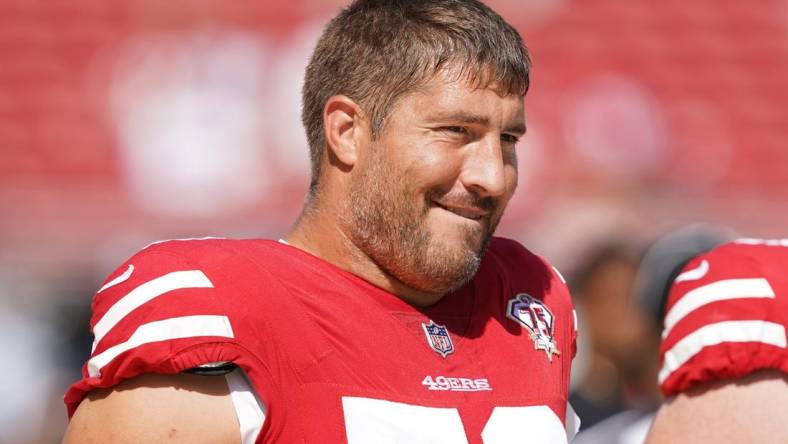 Oct 3, 2021; Santa Clara, California, USA; San Francisco 49ers center Alex Mack (50) stands on the field before the game against the Seattle Seahawks at Levi's Stadium. Mandatory Credit: Darren Yamashita-USA TODAY Sports