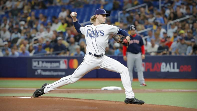 Oct 8, 2021; St. Petersburg, Florida, USA; Tampa Bay Rays starting pitcher Shane Baz (11) pitches against the Boston Red Sox during the first inning in game two of the 2021 ALDS at Tropicana Field. Mandatory Credit: Mike Watters-USA TODAY Sports