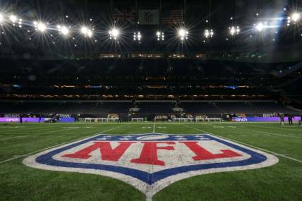 Oct 17, 2021; London, England, United Kingdom; A general overall view of the NFL Shield logo at midfield during an NFL International Series game between the Miami Dolphins and the Jacksonville Jaguars at Tottenham Hotspur Stadium.  Mandatory Credit: Kirby Lee-USA TODAY Sports