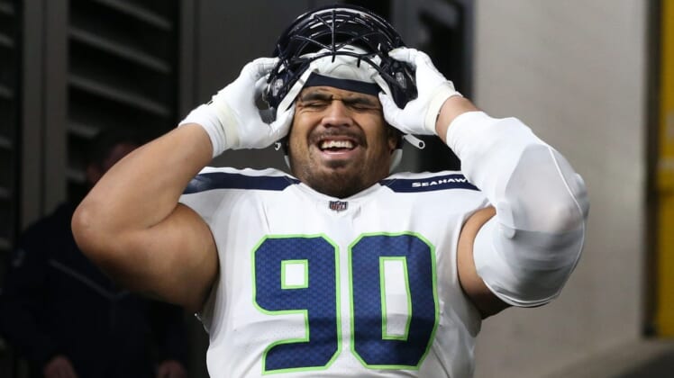 Oct 17, 2021; Pittsburgh, Pennsylvania, USA;  Seattle Seahawks nose tackle Bryan Mone (90) at Heinz Field. Mandatory Credit: Charles LeClaire-USA TODAY Sports