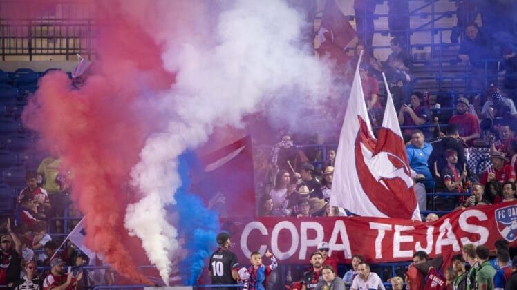 Oct 30, 2021; Frisco, Texas, USA; A view of the FC Dallas fans during the first half of the match against Austin FC at Toyota Stadium. Mandatory Credit: Jerome Miron-USA TODAY Sports