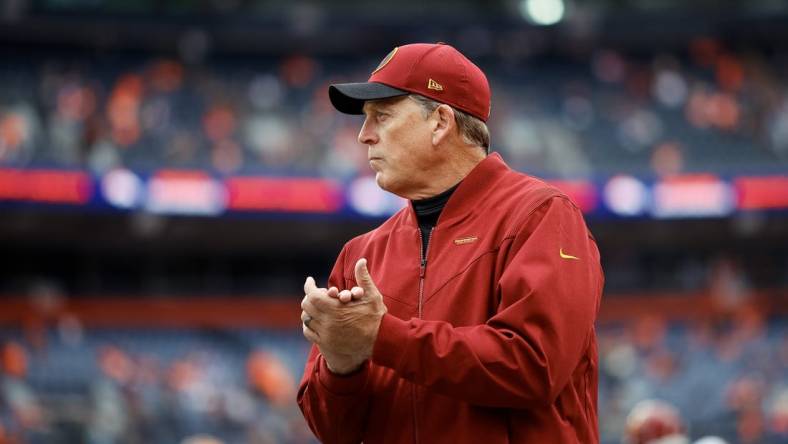 Oct 31, 2021; Denver, Colorado, USA; Washington Football Team defensive coordinator Jack Del Rio before the game against the Denver Broncos at Empower Field at Mile High. Mandatory Credit: Isaiah J. Downing-USA TODAY Sports