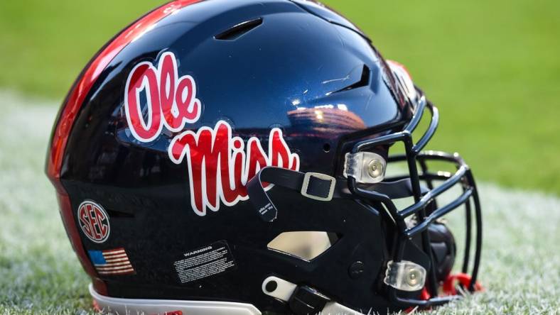 Oct 16, 2021; Knoxville, Tennessee, USA; Mississippi Rebels helmet on the field before a game between the Tennessee Volunteers and Mississippi Rebels at Neyland Stadium. Mandatory Credit: Bryan Lynn-USA TODAY Sports