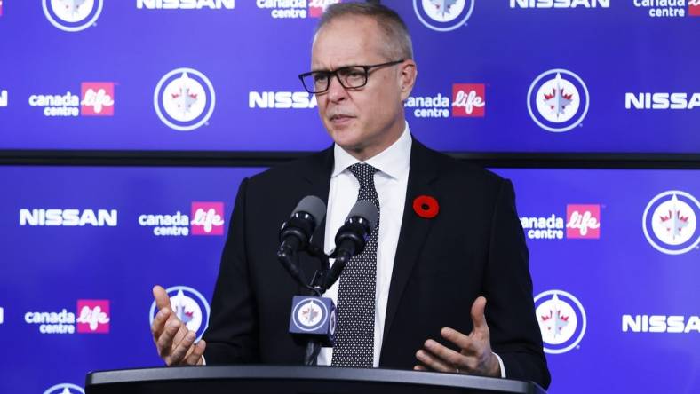 Nov 5, 2021; Winnipeg, Manitoba, CAN;  Winnipeg Jets Head Coach Paul Maurice talks to the press after their win over the Chicago Blackhawks at Canada Life Centre. Mandatory Credit: James Carey Lauder-USA TODAY Sports