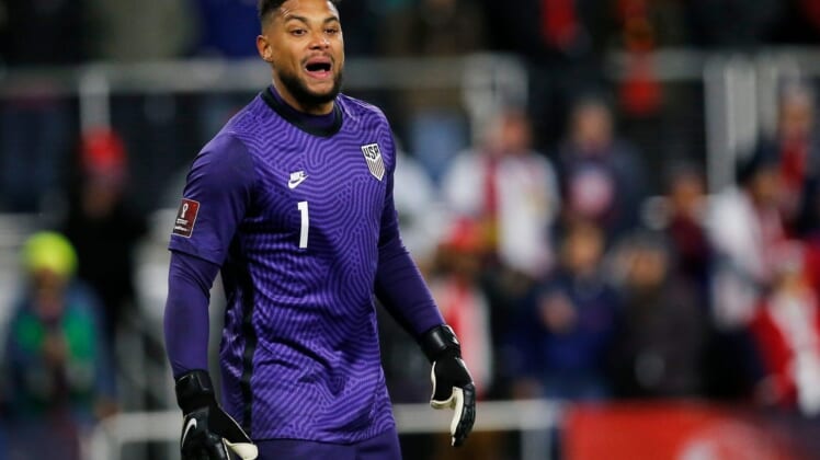 Zack Steffen #1 of the United States sets up for a corner kick in the first half of a 2022 World Cup CONCACAF qualifying match between Mexico and USA at TQL Stadium in Cincinnati on Friday, Nov. 12, 2021. The score was tied 0-0 at halftime.Usa Vs Mexico World Cup Qualifier