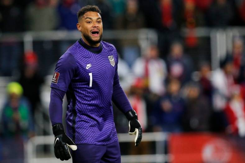 Zack Steffen #1 of the United States sets up for a corner kick in the first half of a 2022 World Cup CONCACAF qualifying match between Mexico and USA at TQL Stadium in Cincinnati on Friday, Nov. 12, 2021. The score was tied 0-0 at halftime.

Usa Vs Mexico World Cup Qualifier