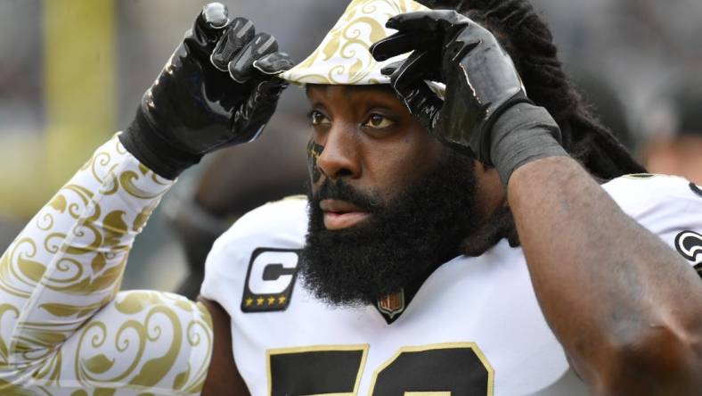 Nov 21, 2021; Philadelphia, Pennsylvania, USA; New Orleans Saints outside linebacker Demario Davis (56) against the Philadelphia Eagles at Lincoln Financial Field. Mandatory Credit: Eric Hartline-USA TODAY Sports