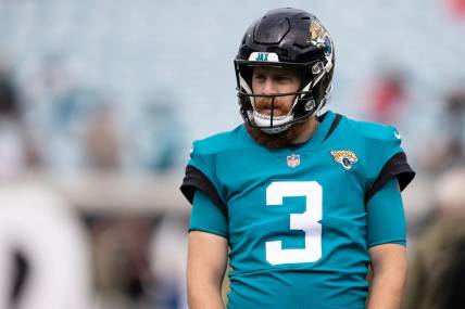 Nov 28, 2021; Jacksonville, Florida, USA; Jacksonville Jaguars quarterback C.J. Beathard (3) warms up before the game against the Atlanta Falcons at TIAA Bank Field. Mandatory Credit: Matt Pendleton-USA TODAY Sports