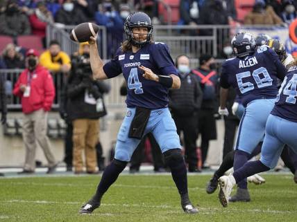 Dec 5, 2021; Toronto, Ontario, CAN; Toronto Argonauts quarterback McLeod Bethel-Thompson (4) throw a pass against the Hamilton Tiger-Cats during the Canadian Football League Eastern Conference Final game at BMO Field. Hamilton defeated Toronto. Mandatory Credit: John E. Sokolowski-USA TODAY Sports