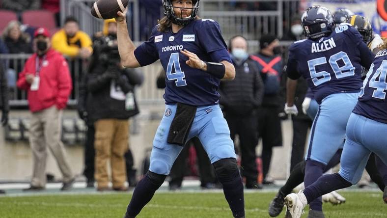 Dec 5, 2021; Toronto, Ontario, CAN; Toronto Argonauts quarterback McLeod Bethel-Thompson (4) throw a pass against the Hamilton Tiger-Cats during the Canadian Football League Eastern Conference Final game at BMO Field. Hamilton defeated Toronto. Mandatory Credit: John E. Sokolowski-USA TODAY Sports