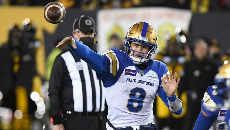 Dec 12, 2021; Hamilton, Ontario, CAN;   Winnipeg Blue Bombers quarterback Zach Collaros (8) throws a pass against Hamilton Tiger-Cats during the 108th Grey Cup football game at Tim Hortons Field. Mandatory Credit: Dan Hamilton-USA TODAY Sports